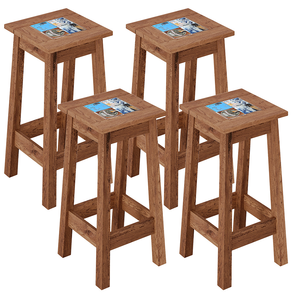 Kit 04 Banquetas Altas De Madeira Maciça Pinus Com Cerâmica Vintage Rústica W02 Imbuia - Lyam Decor
