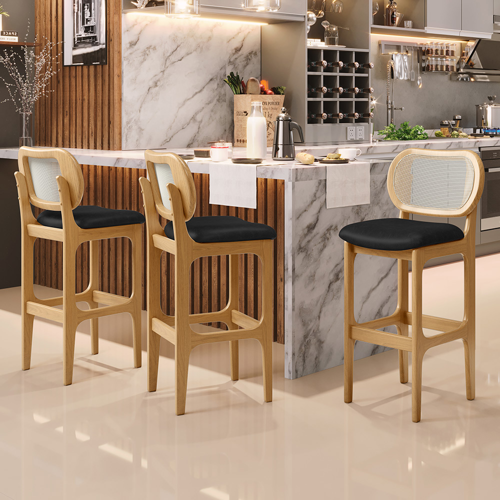 Kit 04 Banquetas Altas Para Cozinha Bancada Sala Tela Betta Fixa L02 Couríssimo Preto - Lyam