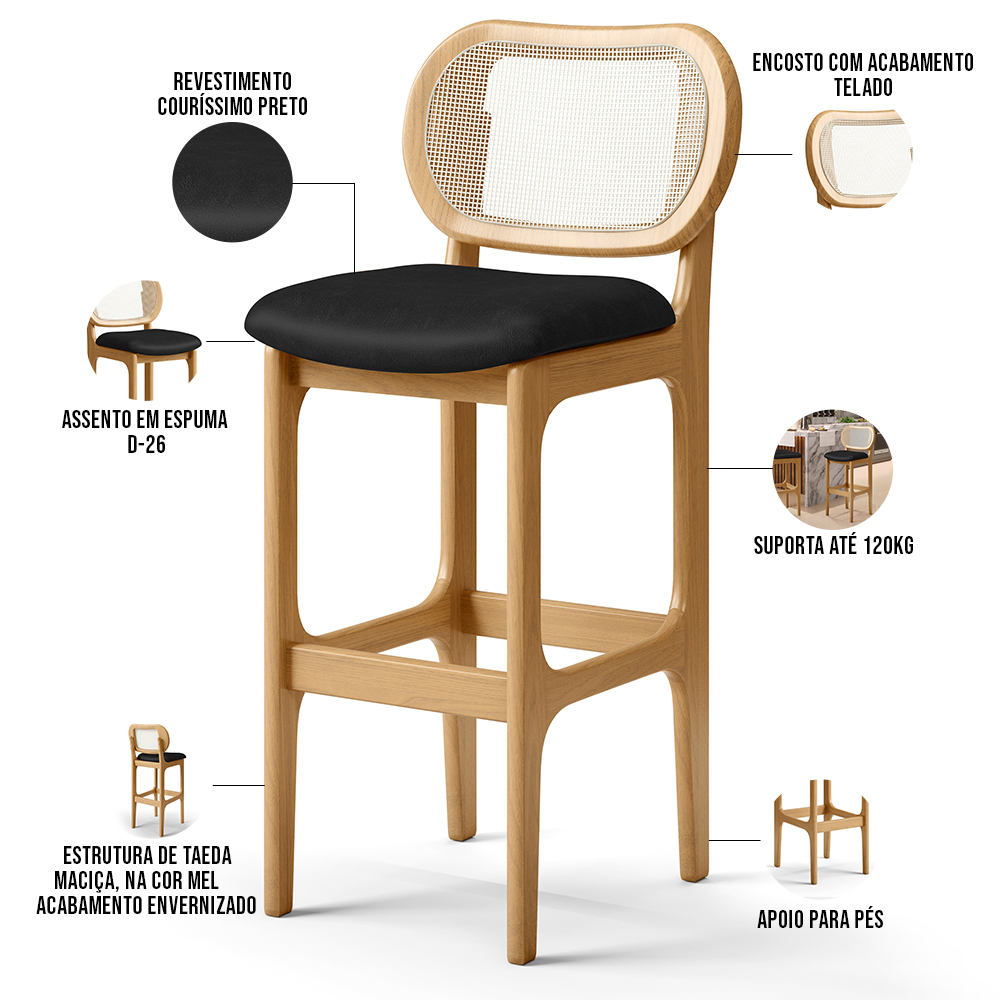 Kit 04 Banquetas Altas Para Cozinha Bancada Sala Tela Betta Fixa L02 Couríssimo Preto - Lyam