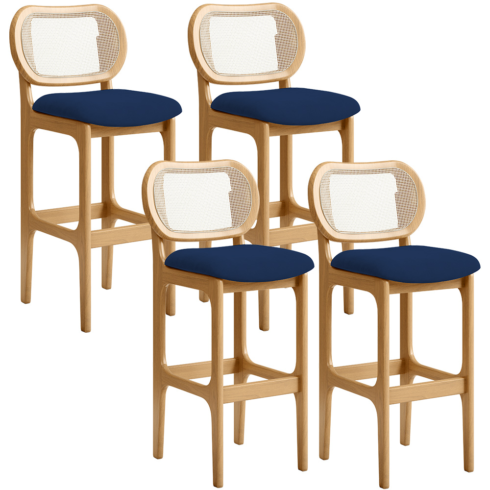 Kit 04 Banquetas Altas Para Cozinha Bancada Sala Tela Betta Fixa L02 Suede Azul Marinho - Lyam