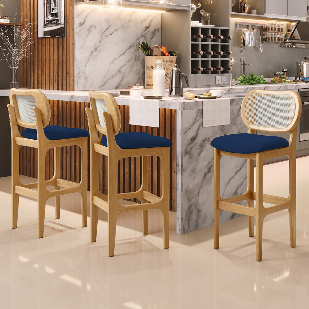 Kit 04 Banquetas Altas Para Cozinha Bancada Sala Tela Betta Fixa L02 Suede Azul Marinho - Lyam