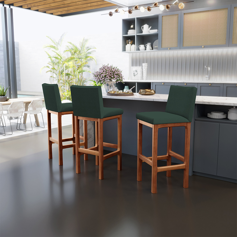Kit 04 Banquetas Altas Para Cozinha Sala De Jantar Fixa Alya L02 Linho Verde Musgo - Lyam Decor