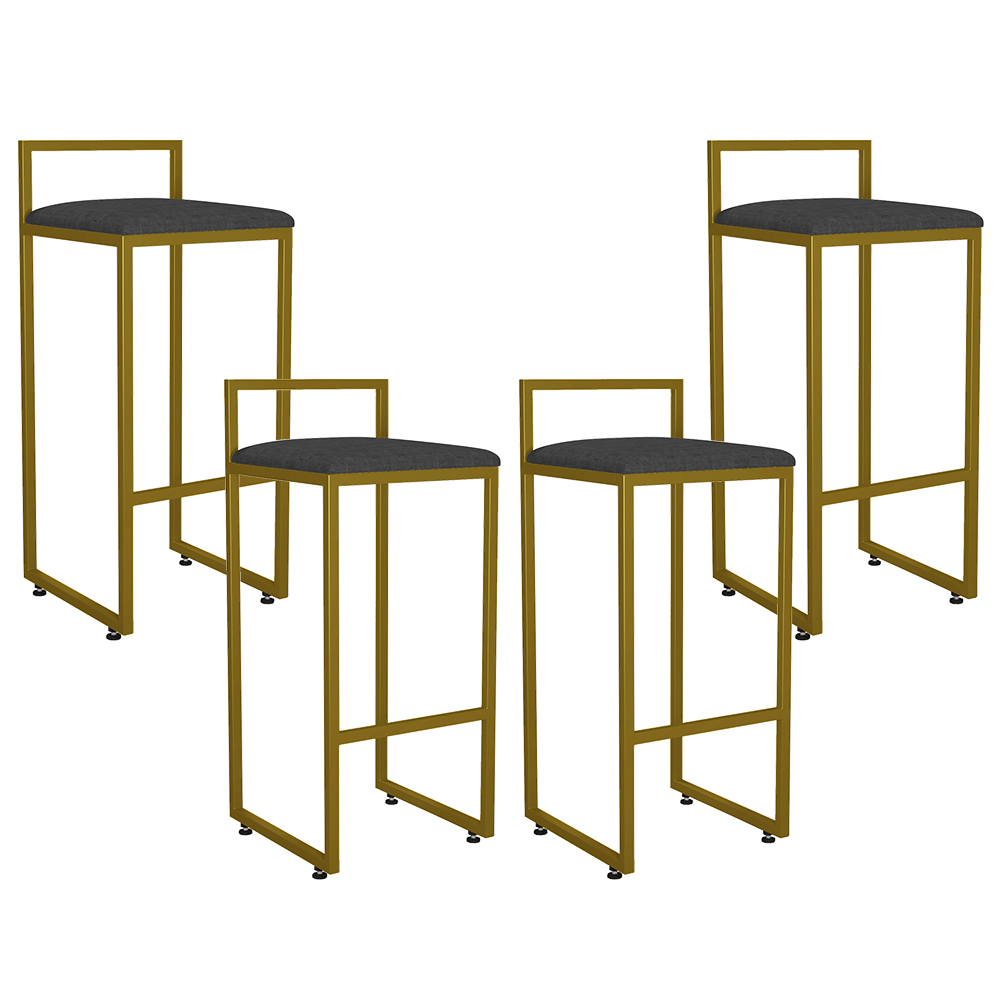Kit 04 Banquetas Altas Para Cozinha Sala De Jantar Hanna L02 Dourado Linho Chumbo - Lyam Decor