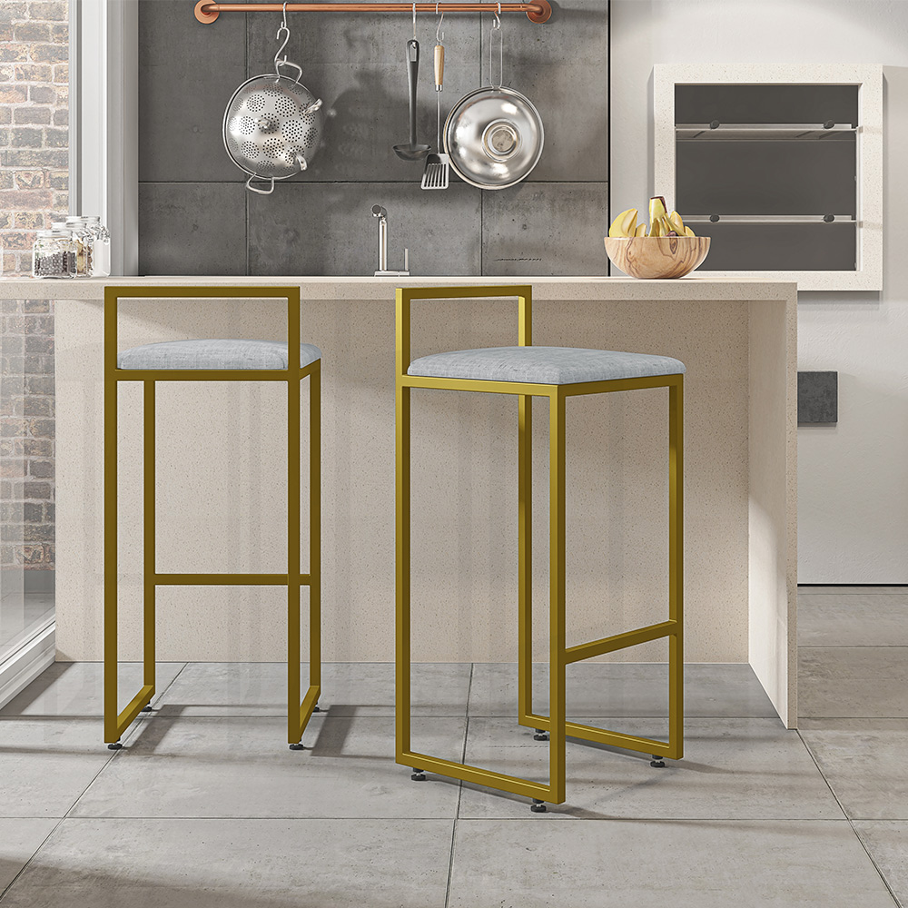 Kit 04 Banquetas Altas Para Cozinha Sala De Jantar Hanna L02 Dourado Linho Cinza - Lyam Decor