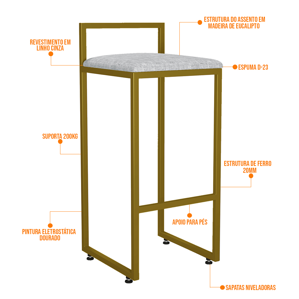Kit 04 Banquetas Altas Para Cozinha Sala De Jantar Hanna L02 Dourado Linho Cinza - Lyam Decor