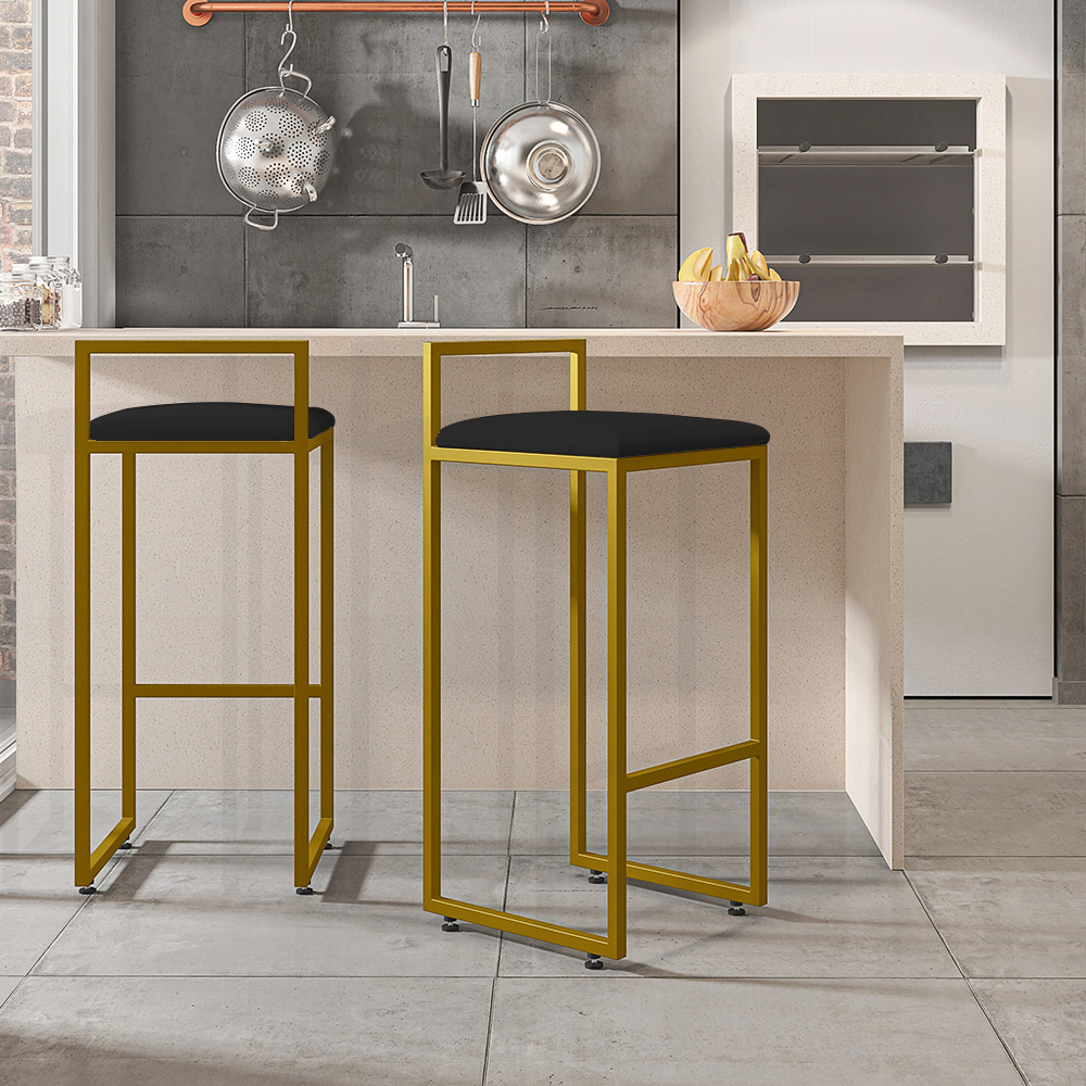 Kit 04 Banquetas Altas Para Cozinha Sala De Jantar Hanna L02 Dourado Suede Preto - Lyam Decor