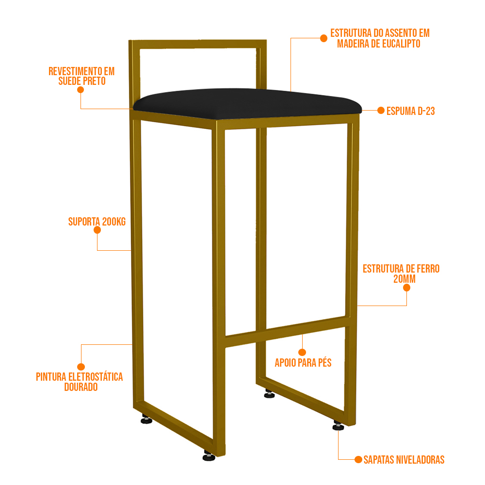 Kit 04 Banquetas Altas Para Cozinha Sala De Jantar Hanna L02 Dourado Suede Preto - Lyam Decor