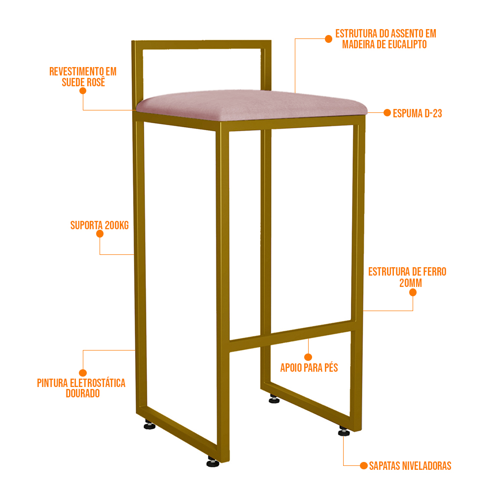 Kit 04 Banquetas Altas Para Cozinha Sala De Jantar Hanna L02 Dourado Suede Rosê - Lyam Decor