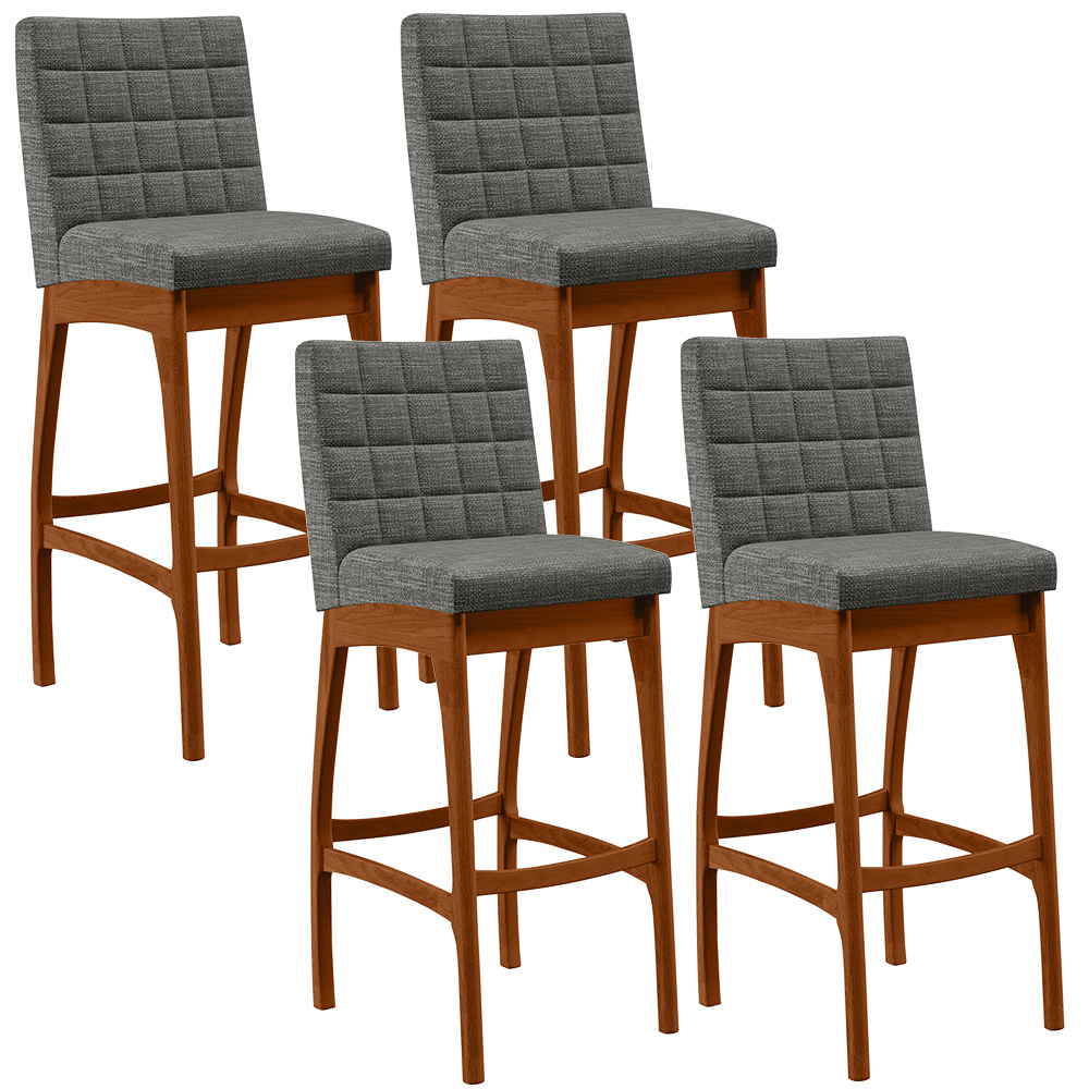 Kit 04 Banquetas Altas Para Cozinha Sala de Jantar Fixa Mila B04 Linho Cinza Escuro - Lyam Decor