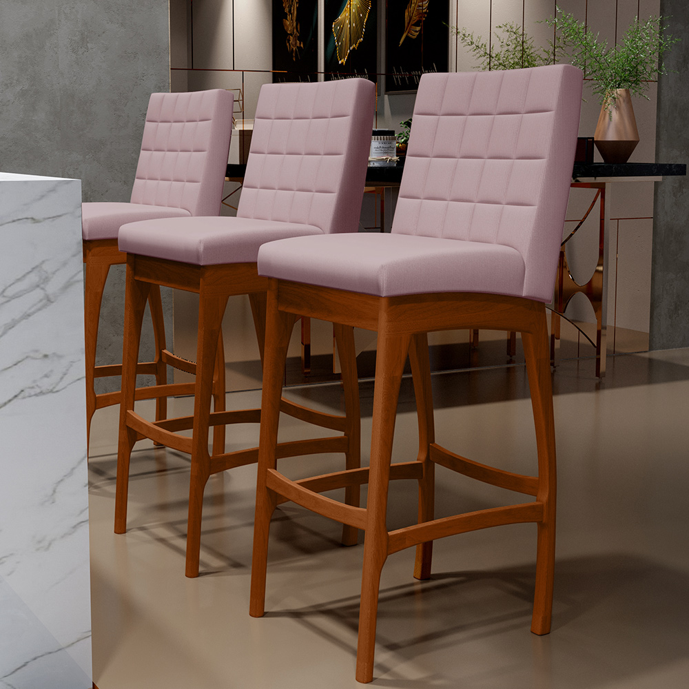 Kit 04 Banquetas Altas Para Cozinha Sala de Jantar Fixa Mila B04 Suede Rosê - Lyam Decor