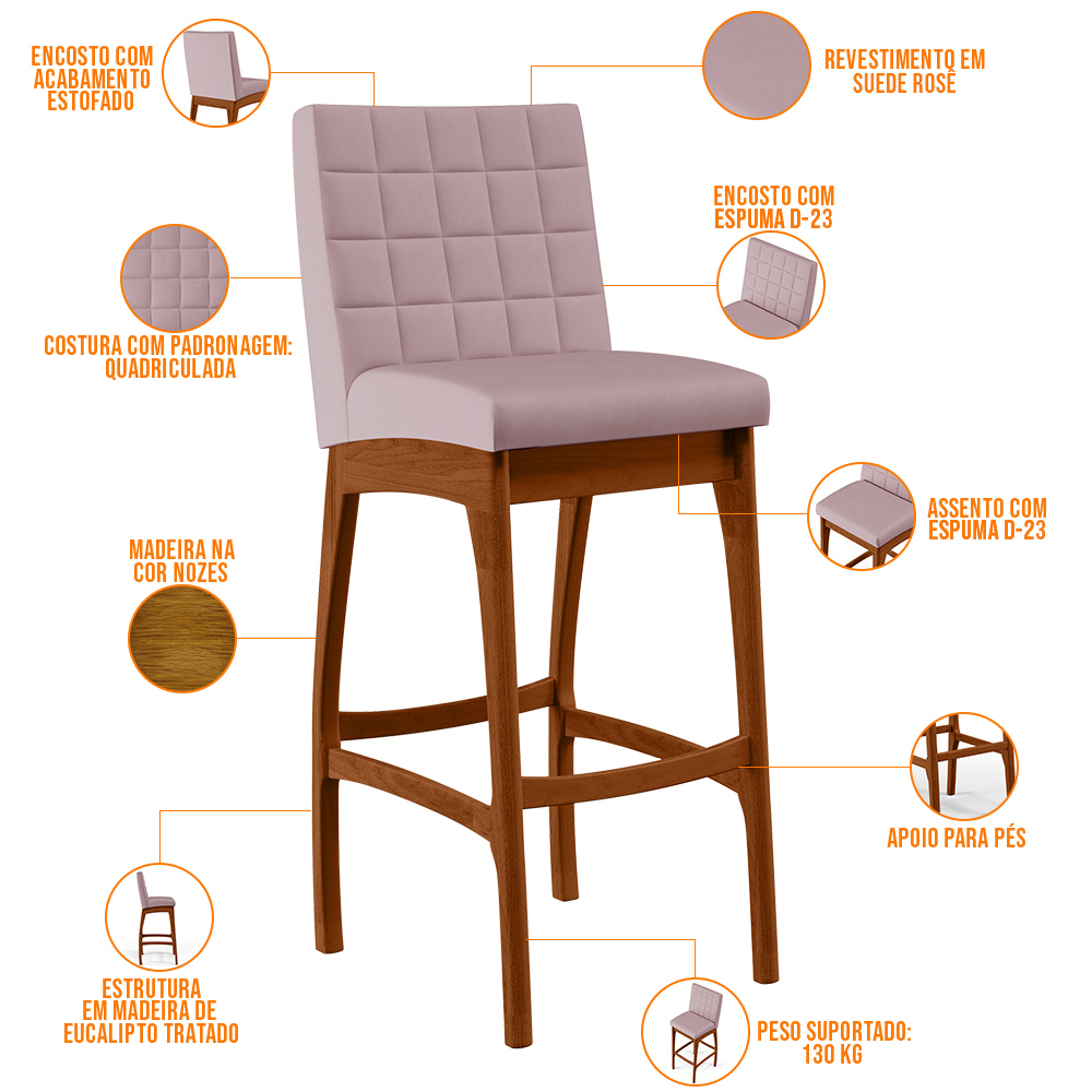 Kit 04 Banquetas Altas Para Cozinha Sala de Jantar Fixa Mila B04 Suede Rosê - Lyam Decor