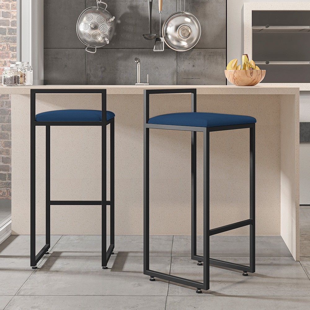 Kit 04 Banquetas Altas Para Cozinha Sala de Jantar Hanna L02 Preto Suede Azul Marinho - Lyam Decor
