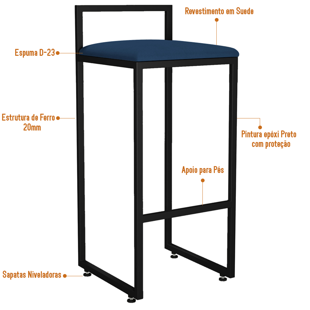 Kit 04 Banquetas Altas Para Cozinha Sala de Jantar Hanna L02 Preto Suede Azul Marinho - Lyam Decor