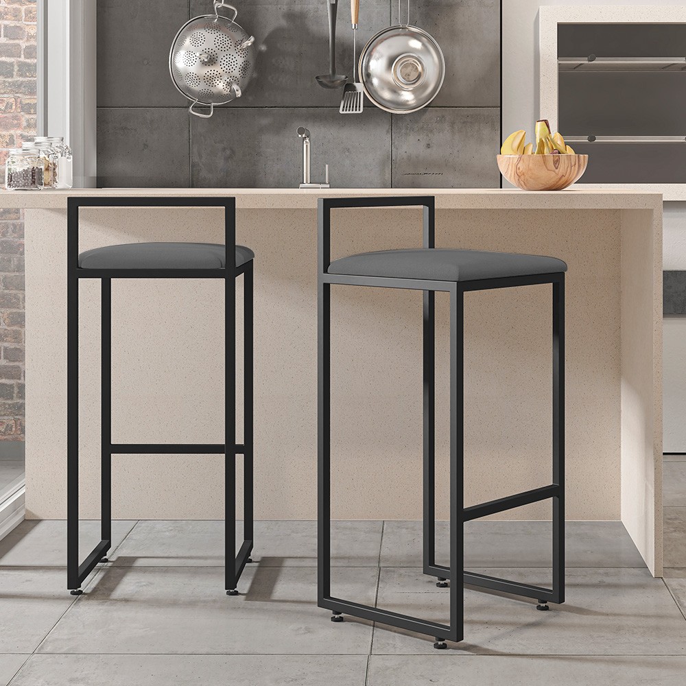 Kit 04 Banquetas Altas Para Cozinha Sala de Jantar Hanna L02 Preto Suede Cinza - Lyam Decor