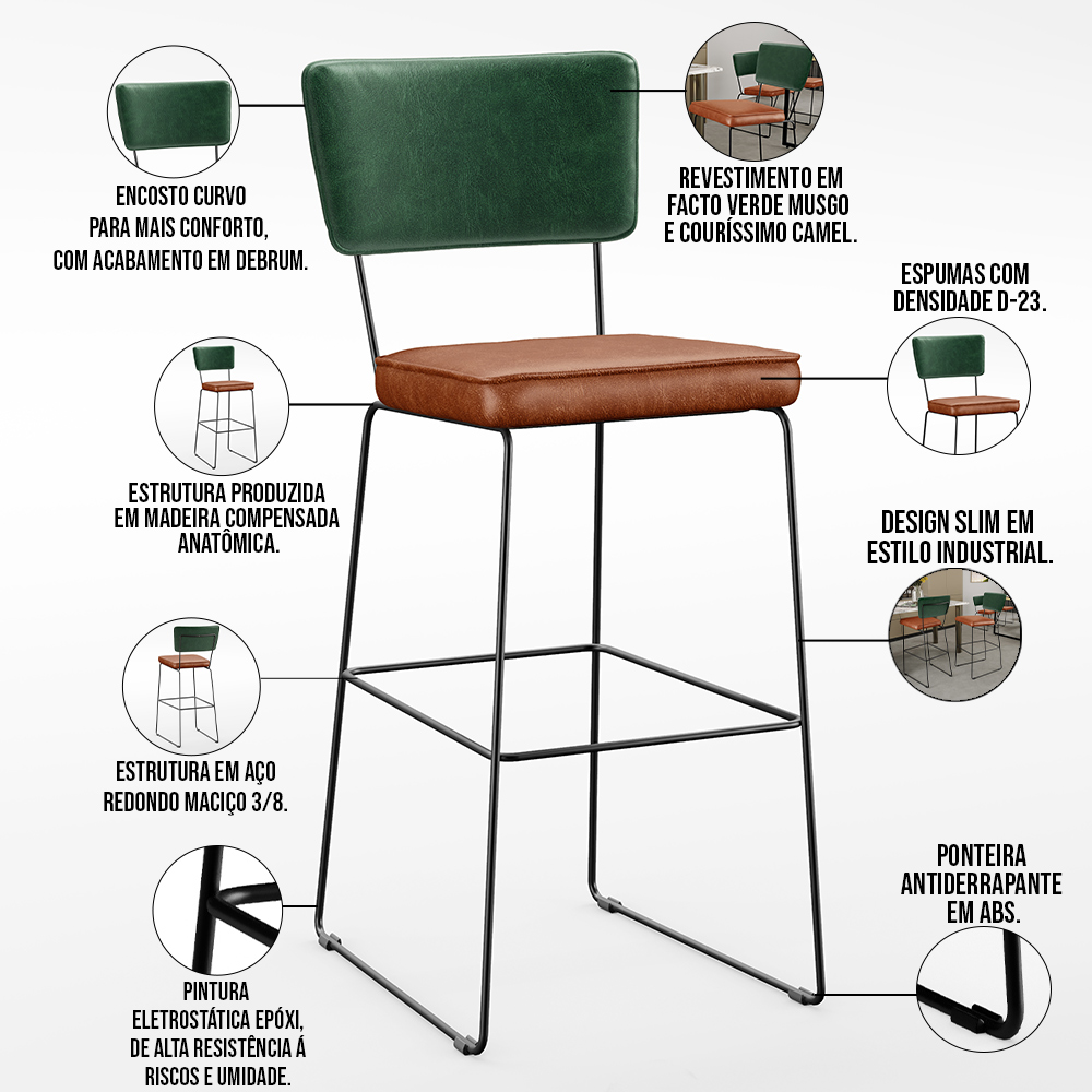 Kit 04 Banquetas Altas Sala Jantar Fixa Allana L02 Facto Verde Musgo Couríssimo Camel - Lyam Decor