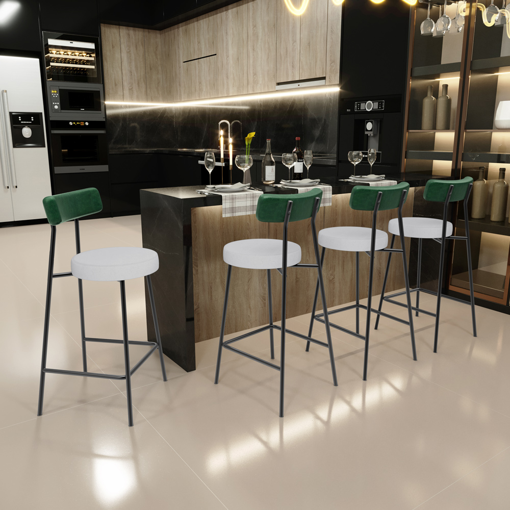Kit 04 Banquetas Baixa Bar Cozinha E Sala De Jantar Milão L02 Facto Verde Linho Cinza - Lyam Decor