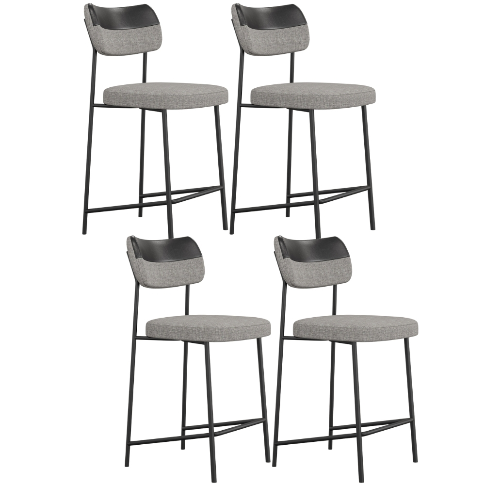 Kit 04 Banquetas Baixa Bar Cozinha Sala Jantar Preto Elira L02 Couríssimo Preto Linho Cinza - Lyam Decor
