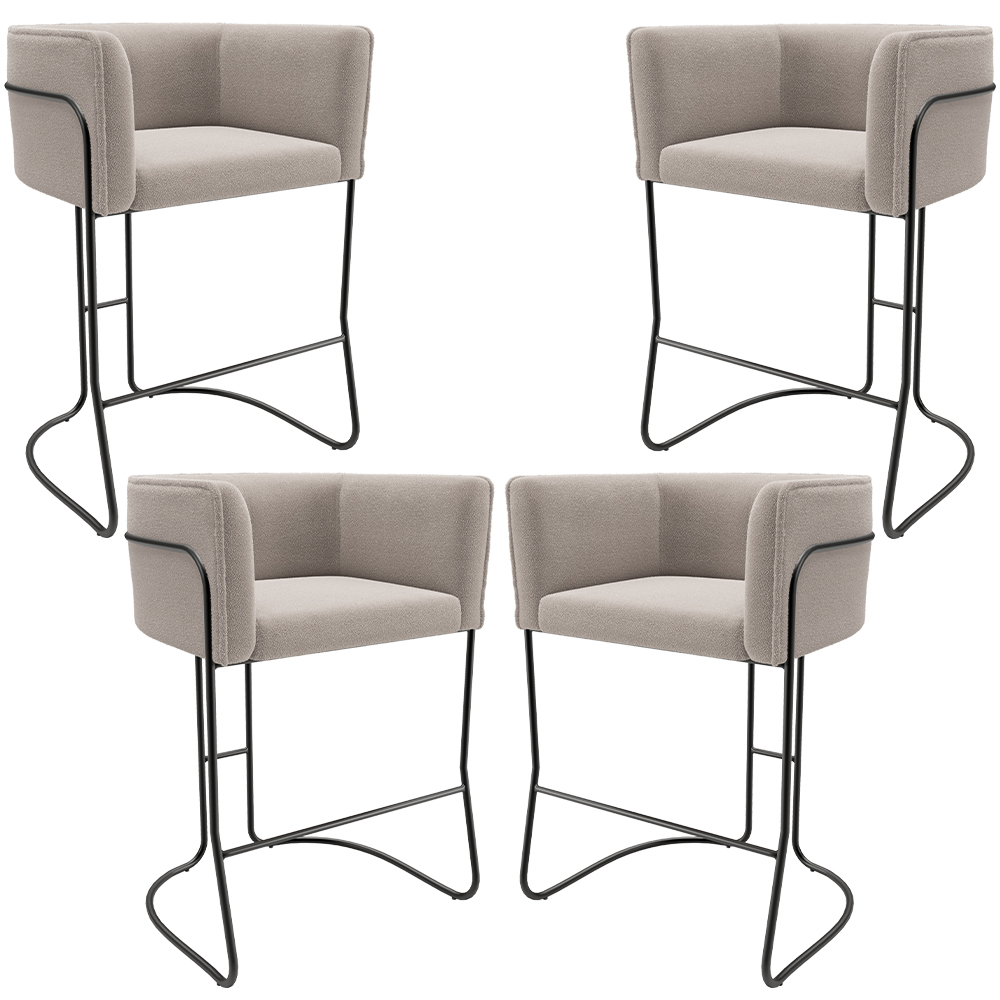 Kit 04 Banquetas Baixa Base de Aço Preto Betina D02 Bouclê Creme C-54 - Lyam Decor