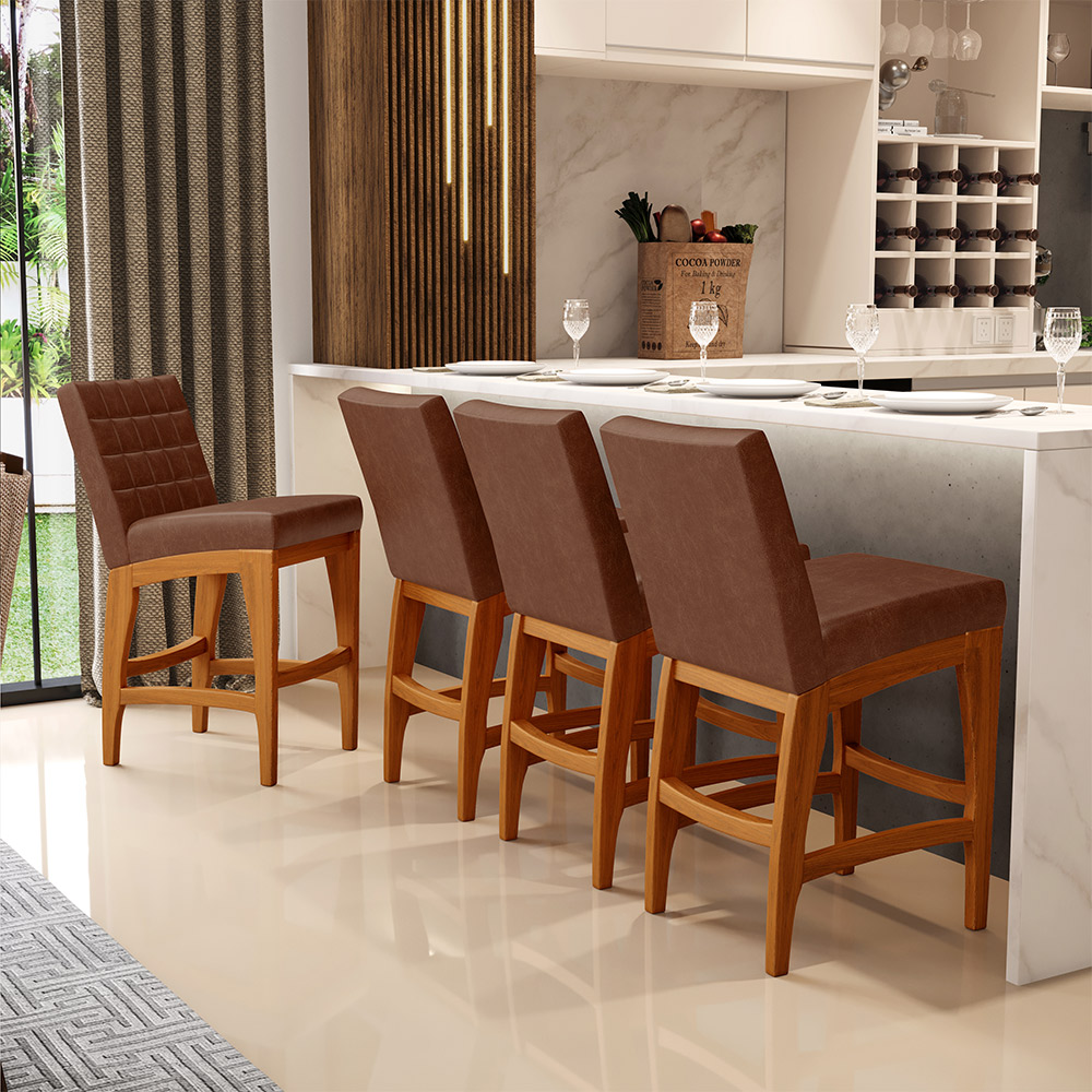 Kit 04 Banquetas Baixa Cozinha Bancada Bar Sala Jantar Fixa Mila L02 Couríssimo Marrom - Lyam Decor