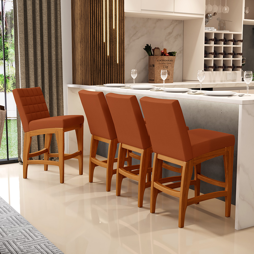 Kit 04 Banquetas Baixa Cozinha Bancada Bar Sala Jantar Fixa Mila L02 Tecido Terracota - Lyam Decor