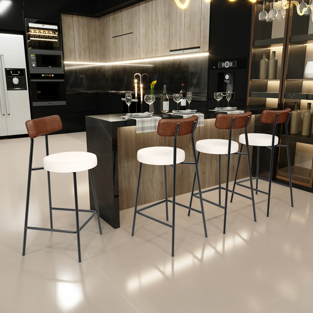 Kit 04 Banquetas Baixa Cozinha Sala De Jantar Milão L02 Couríssimo Marrom Linho Cru - Lyam Decor