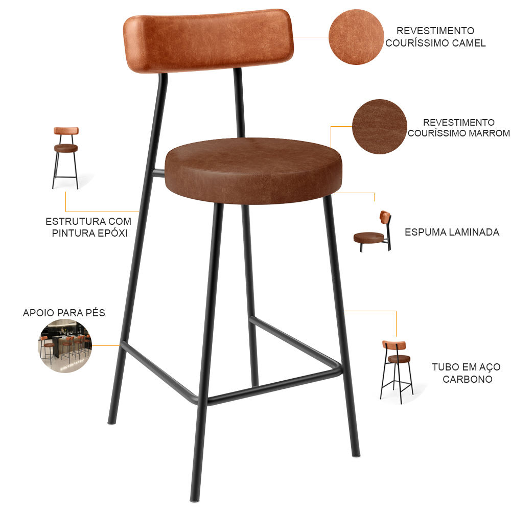 Kit 04 Banquetas Baixa Cozinha Sala Jantar Bancada Milão L02 Couríssimo Camel Marrom - Lyam Decor