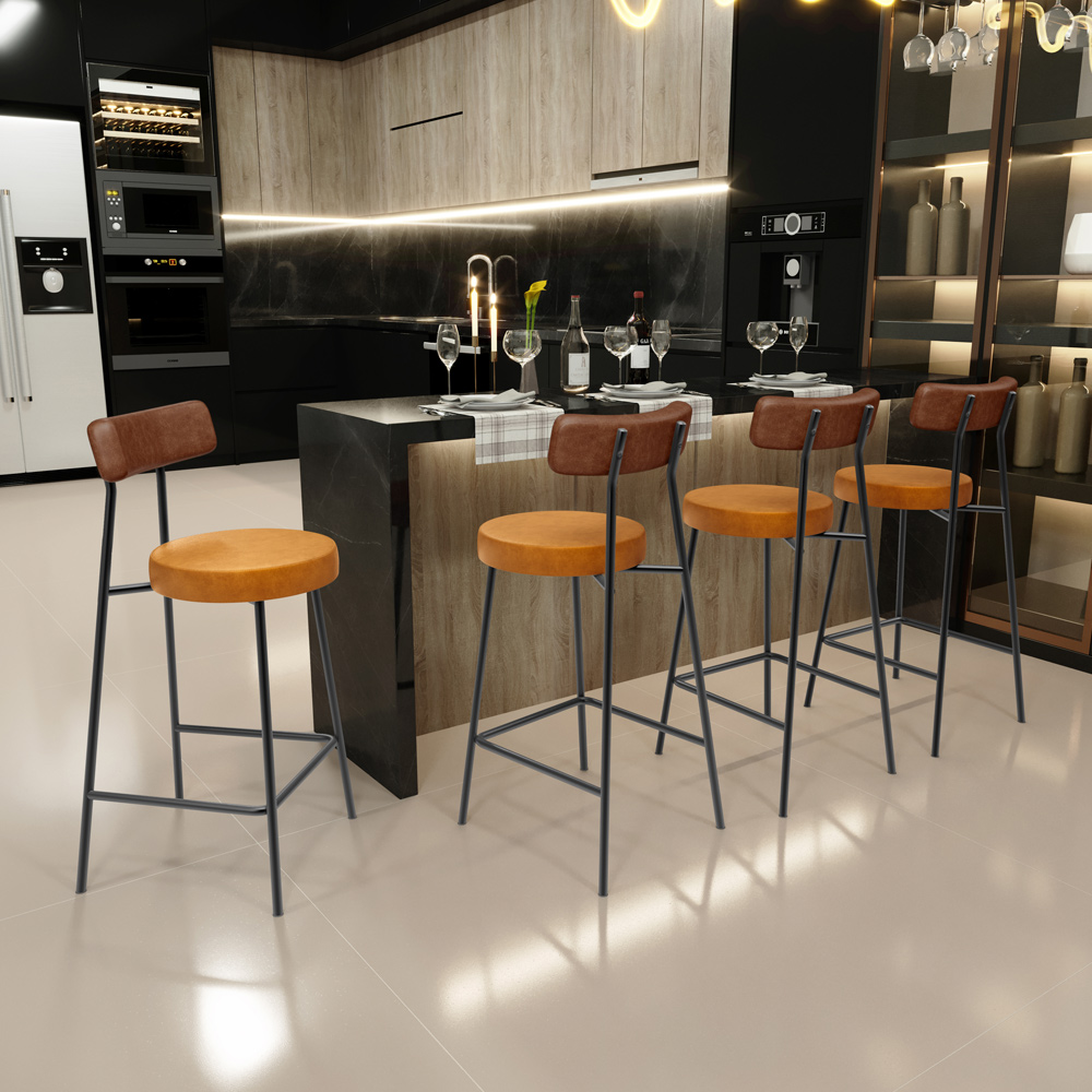 Kit 04 Banquetas Baixa Cozinha Sala Jantar Bancada Milão L02 Couríssimo Marrom Whisky - Lyam Decor