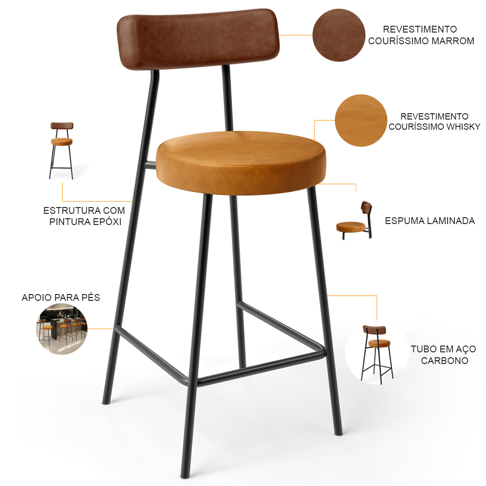Kit 04 Banquetas Baixa Cozinha Sala Jantar Bancada Milão L02 Couríssimo Marrom Whisky - Lyam Decor