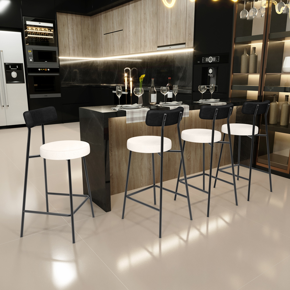 Kit 04 Banquetas Baixa Cozinha Sala Jantar Bancada Milão L02 Couríssimo Preto Linho Cru - Lyam Decor