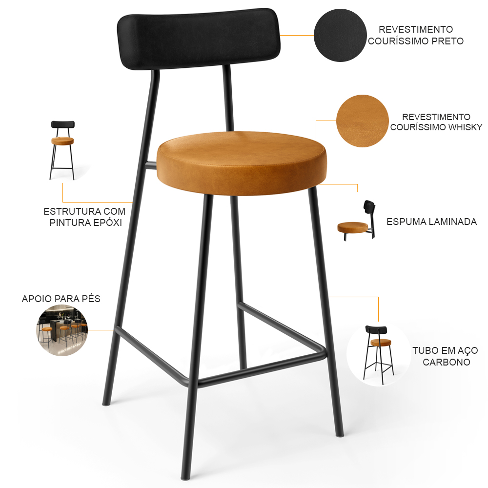 Kit 04 Banquetas Baixa Cozinha Sala Jantar Bancada Milão L02 Couríssimo Preto Whisky - Lyam Decor