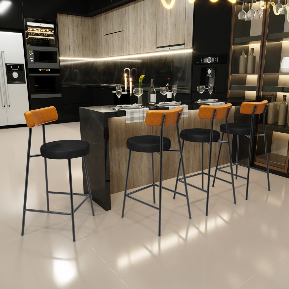 Kit 04 Banquetas Baixa Cozinha Sala Jantar Bancada Milão L02 Couríssimo Whisky Preto - Lyam Decor