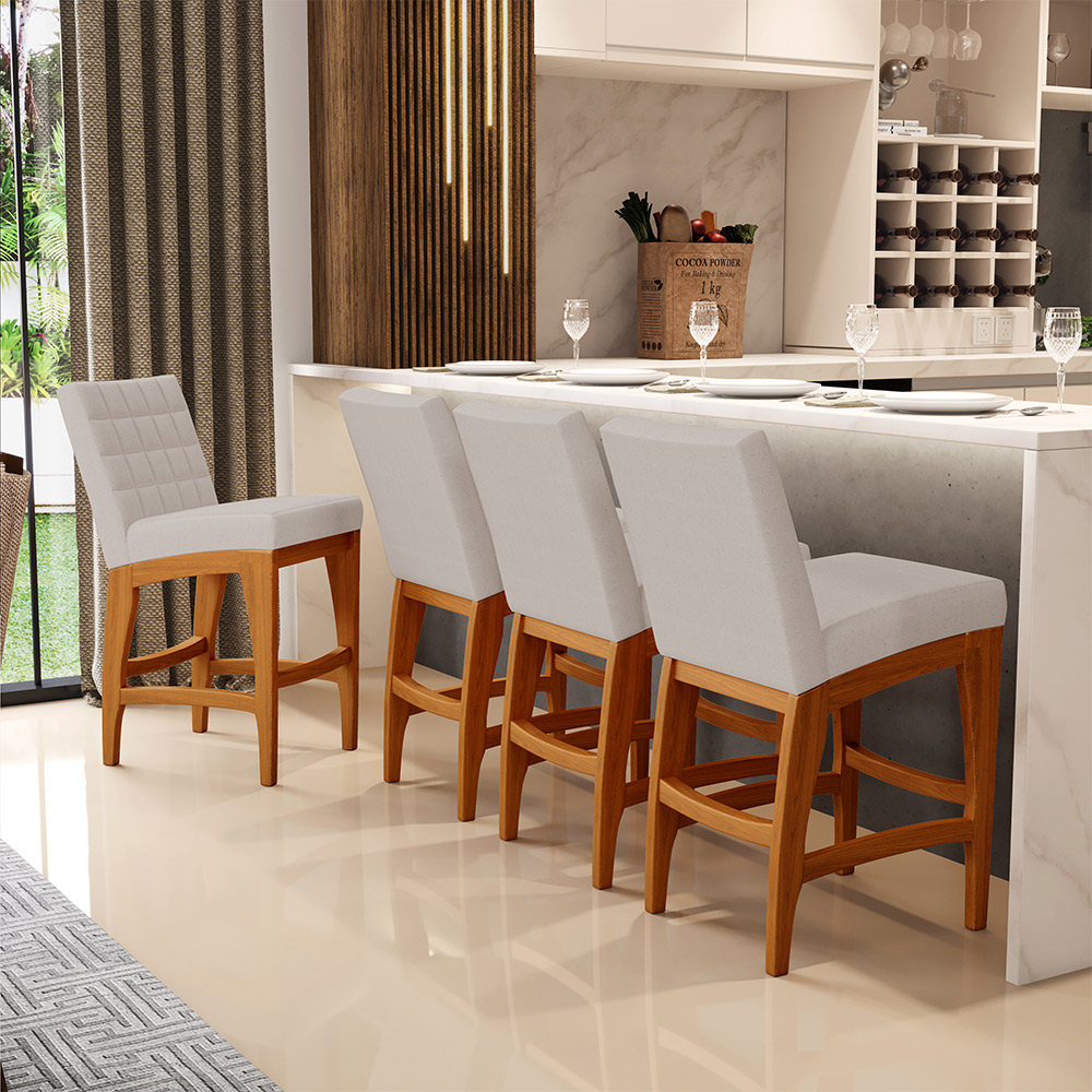 Kit 04 Banquetas Baixa Para Cozinha Bancada Bar Sala Jantar Fixa Mila L02 Linho Bege - Lyam Decor