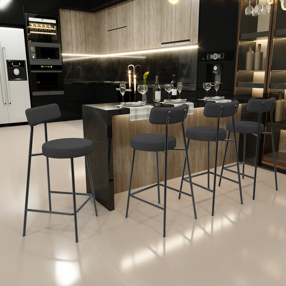 Kit 04 Banquetas Baixa Para Cozinha Sala De Jantar Bancada Milão L02 Bouclê Preto - Lyam Decor