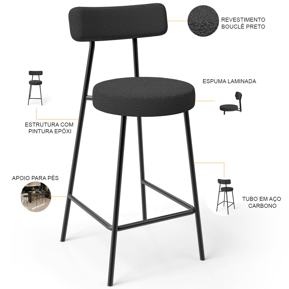 Kit 04 Banquetas Baixa Para Cozinha Sala De Jantar Bancada Milão L02 Bouclê Preto - Lyam Decor