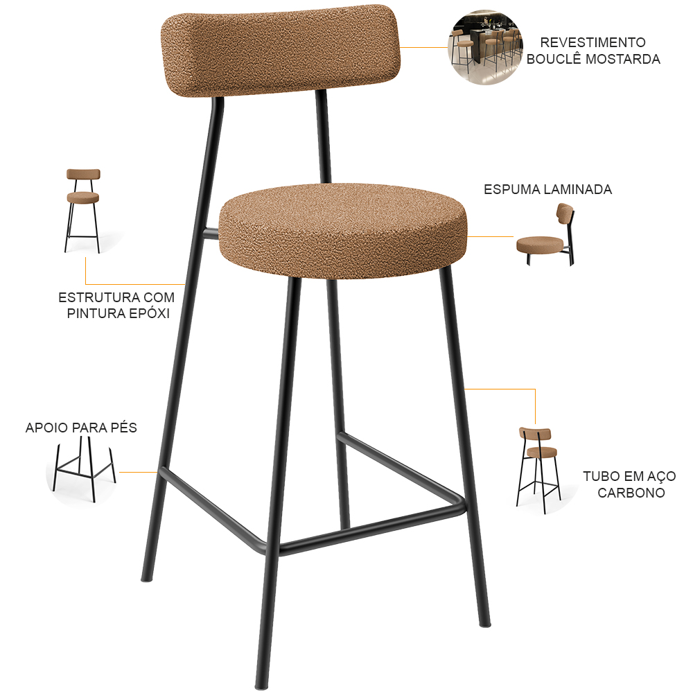 Kit 04 Banquetas Baixa Para Cozinha Sala De Jantar Bar Bancada Milão L02 Bouclê Mostarda - Lyam Decor
