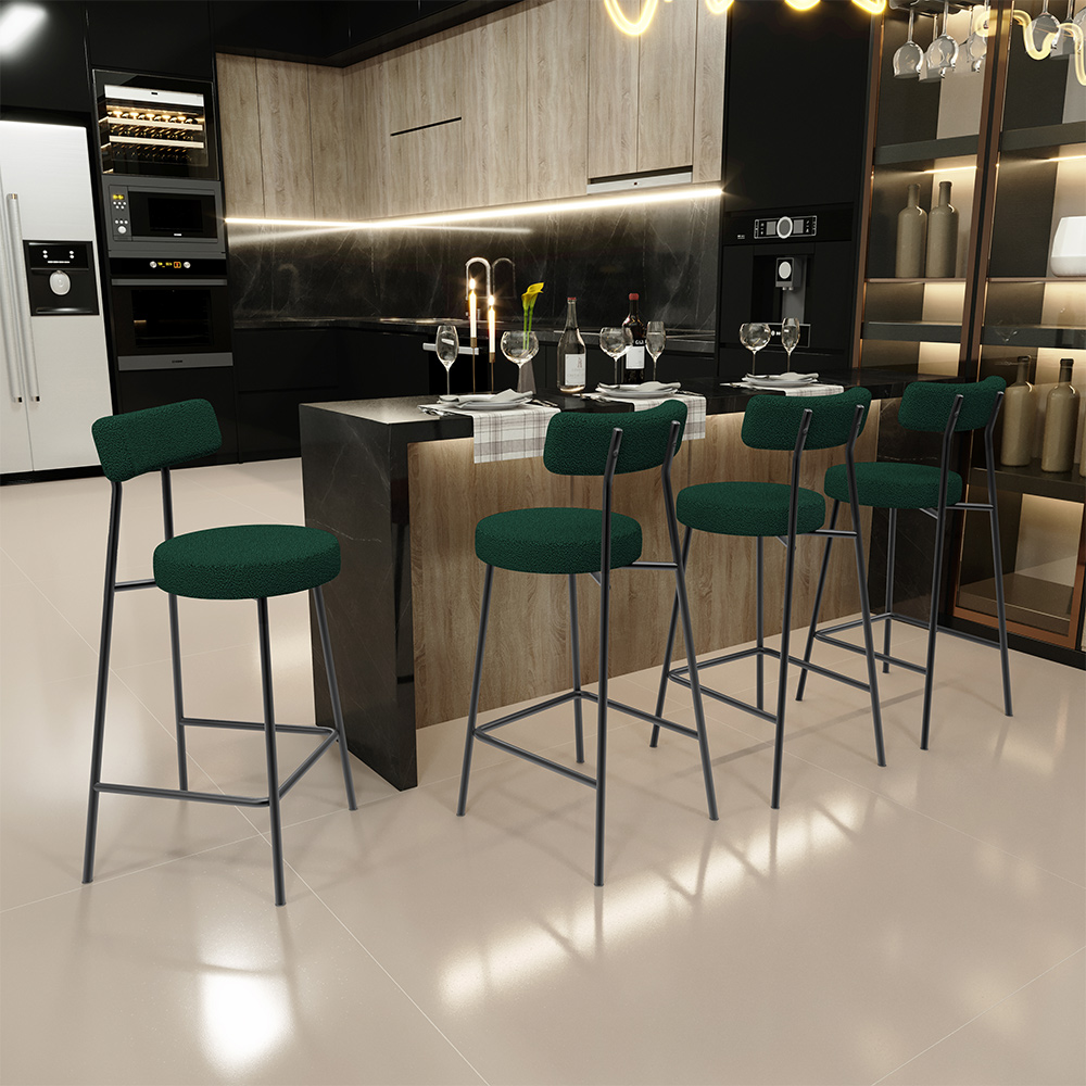 Kit 04 Banquetas Baixa Para Cozinha Sala De Jantar Bar Bancada Milão L02 Bouclê Verde - Lyam Decor
