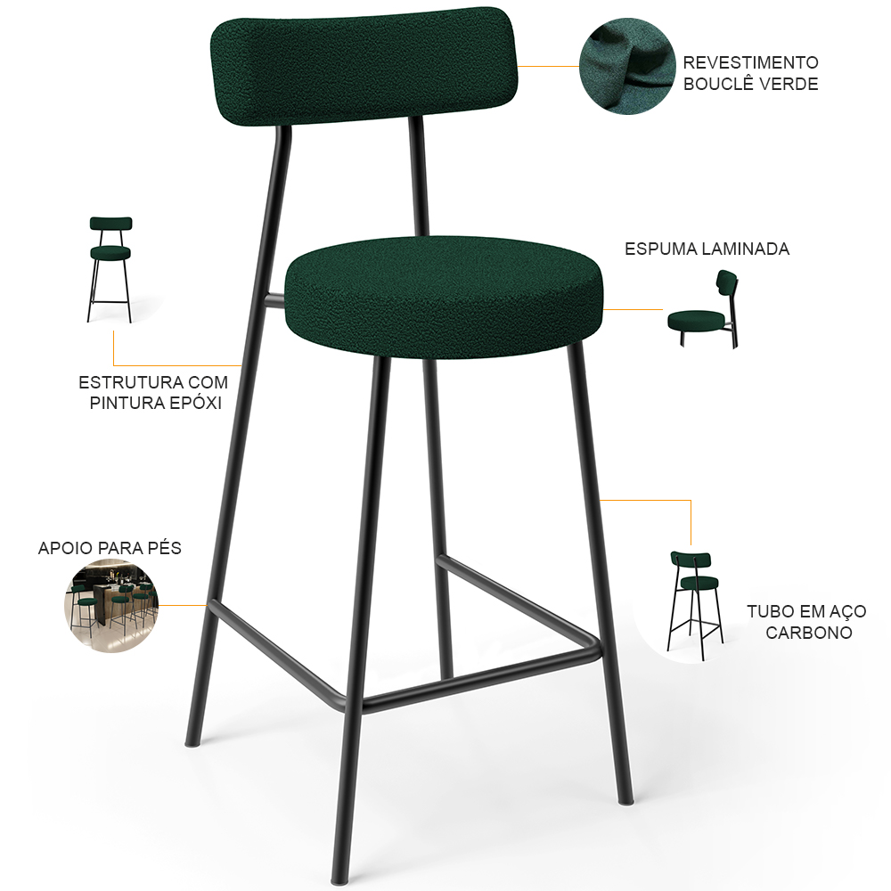 Kit 04 Banquetas Baixa Para Cozinha Sala De Jantar Bar Bancada Milão L02 Bouclê Verde - Lyam Decor