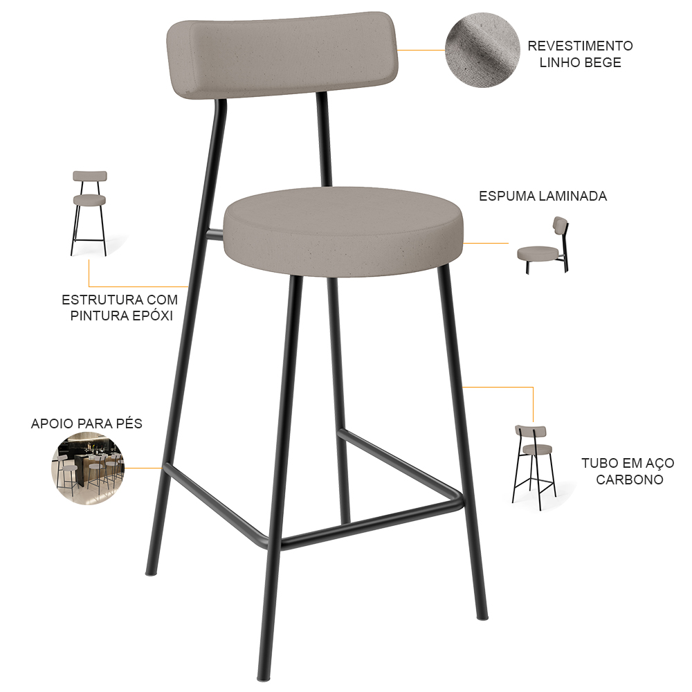 Kit 04 Banquetas Baixa Para Cozinha Sala De Jantar Bar Bancada Milão L02 Linho Bege - Lyam Decor