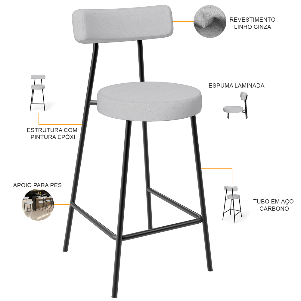 Kit 04 Banquetas Baixa Para Cozinha Sala De Jantar Bar Bancada Milão L02 Linho Cinza - Lyam Decor
