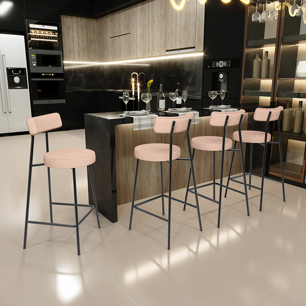 Kit 04 Banquetas Baixa Para Cozinha Sala De Jantar Bar Bancada Milão L02 Linho Rosê - Lyam Decor