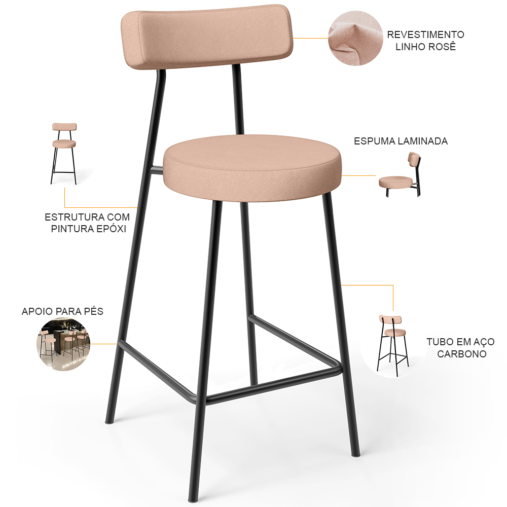Kit 04 Banquetas Baixa Para Cozinha Sala De Jantar Bar Bancada Milão L02 Linho Rosê - Lyam Decor