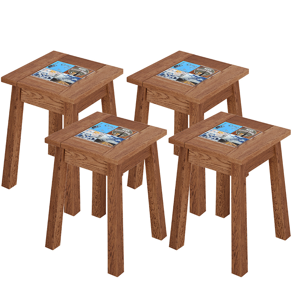 Kit 04 Banquetas Baixas De Madeira Maciça Pinus Rústica Com Cerâmica Vintage W02 Imbuia - Lyam Decor