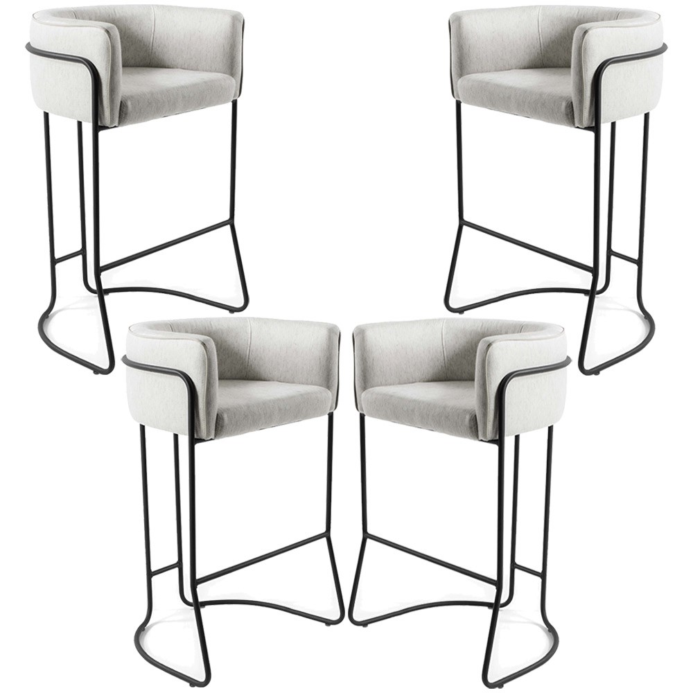 Kit 04 Banquetas Decorativa Fixa Base de Aço Preto Betina D02 Linho Creme A-48 - Lyam Decor