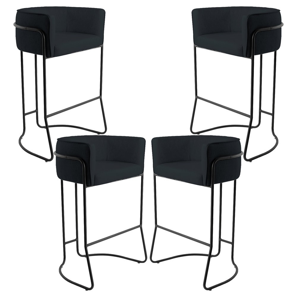 Kit 04 Banquetas Decorativas Fixa Base de Aço Preto Betina D02 Corano Preto C-05 - Lyam Decor
