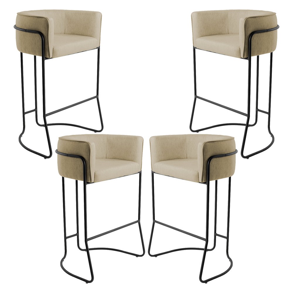 Kit 04 Banquetas Decorativas Fixa Base de Aço Preto Betina D02 Linho Bege C-129 - Lyam Decor