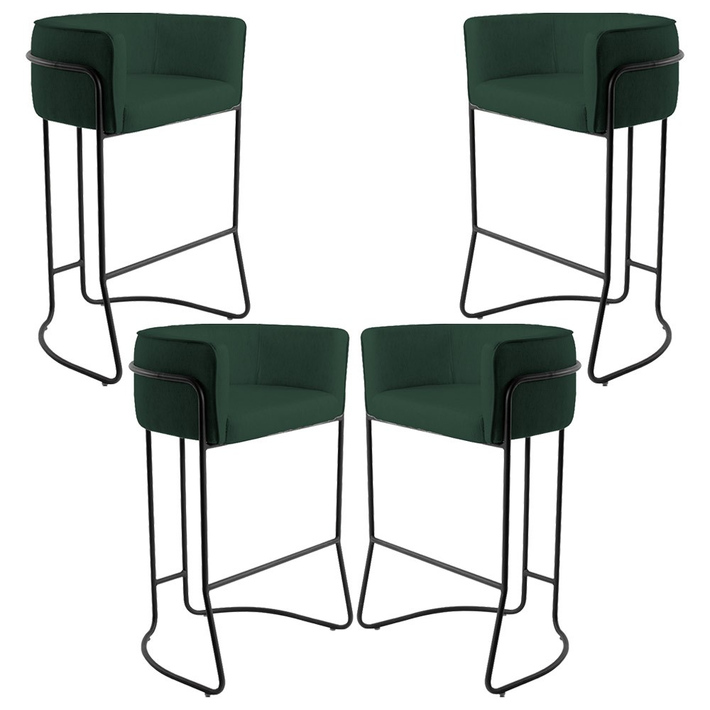 Kit 04 Banquetas Decorativas Fixa Base de Aço Preto Betina D02 Linho Verde Musgo C-117 - Lyam Decor