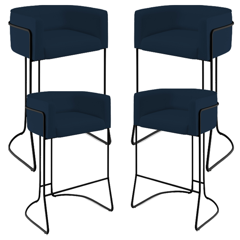 Kit 04 Banquetas Decorativas Fixa Base de Aço Preto Betina D02 Veludo Azul Oxford C-304 - Lyam Decor