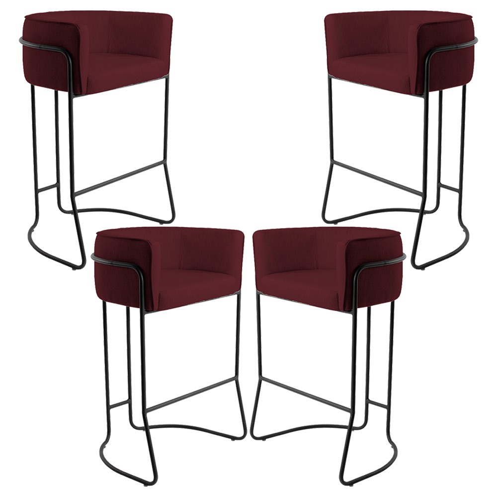 Kit 04 Banquetas Decorativas Fixa Base de Aço Preto Betina D02 Veludo Marsala C-278 - Lyam Decor