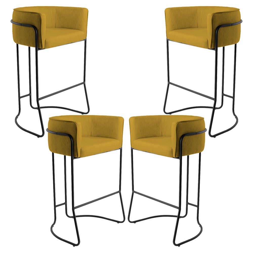 Kit 04 Banquetas Decorativas Fixa Base de Aço Preto Betina D02 Veludo Mostarda C-279 - Lyam Decor