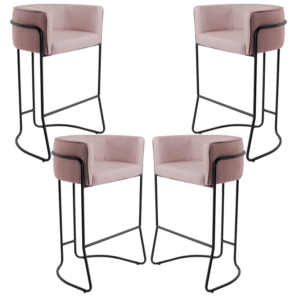 Kit 04 Banquetas Decorativas Fixa Base de Aço Preto Betina D02 Veludo Rosê C-305 - Lyam Decor